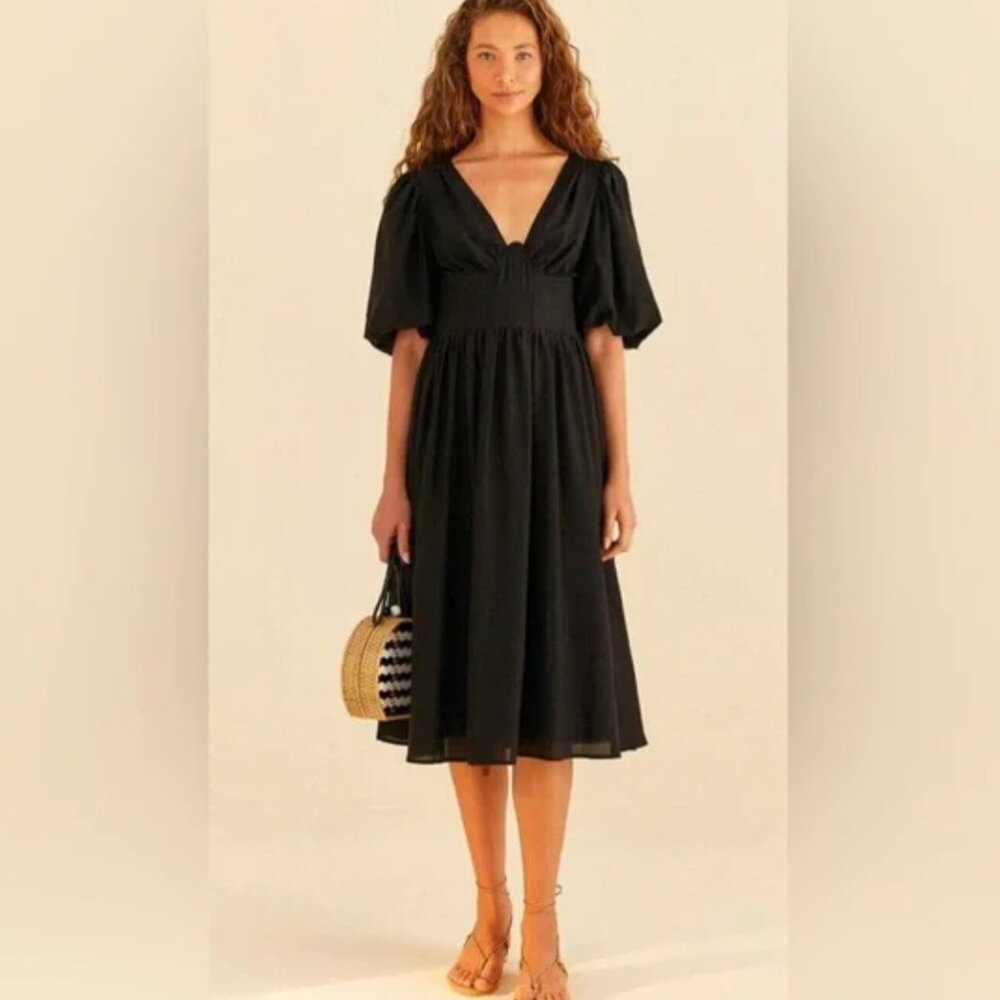 Farm Rio Corset Bodice Puff Sleeve Open Back Midi